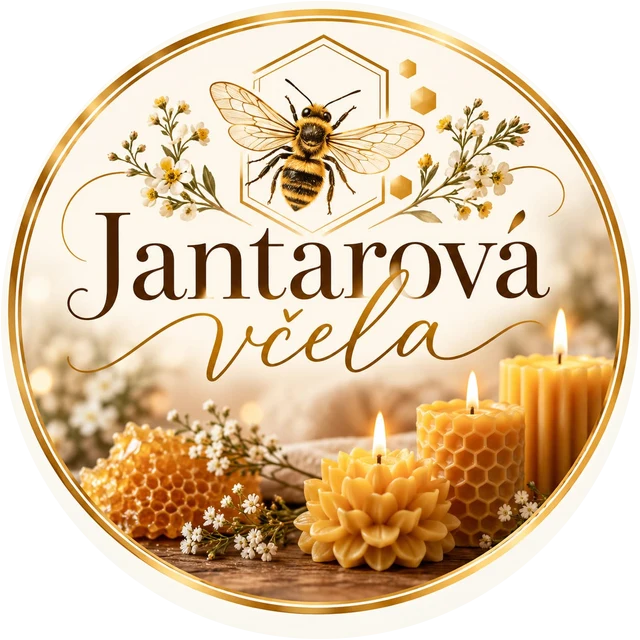 Logo Jantarová včela — včela v plástvi, luční květy a svíčky ze včelího vosku